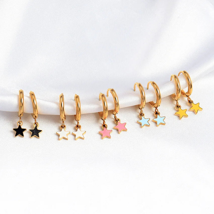 Summer Popular Enamel Earrings Stainless Steel Pvd Coating Water Resistant Cute Small Star Gold Huggie Hoop Earrings for Women
