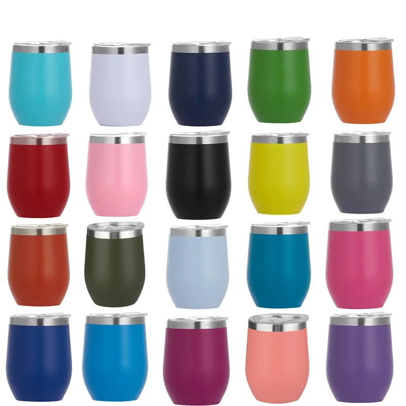 Custom Logo 12oz 304 Stainless Steel Insulated Powder Coated Sublimation Egg Shape Thermal Cup Coffee Mug Wine Tumbler with Lid