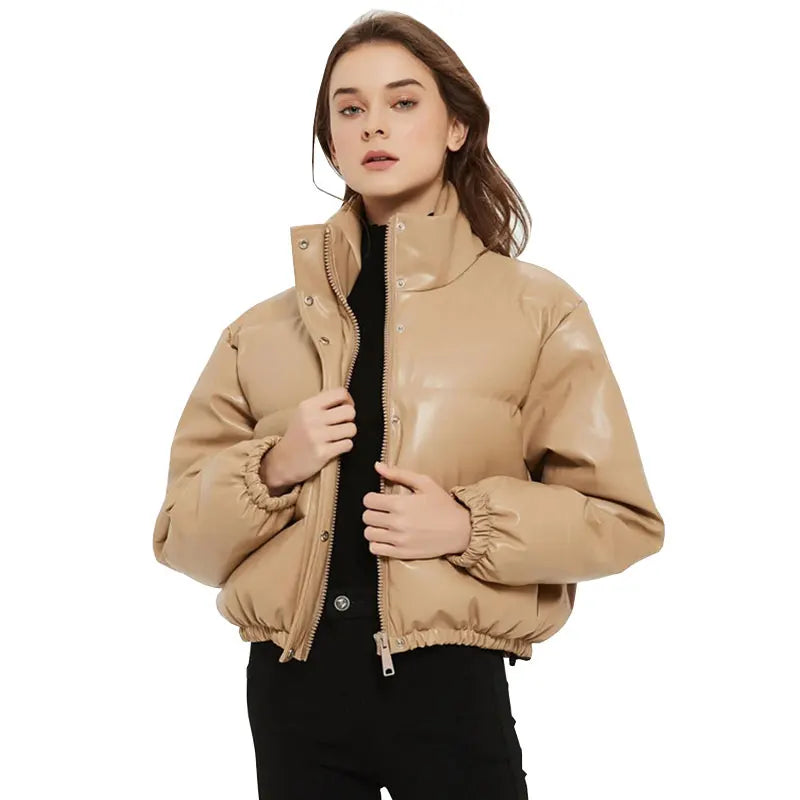 Custom logo Fashion Black Casual Short Crop Bubble Coats Woman Shiny PU Leather Puffer Jacket for Women
