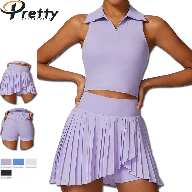 Custom Womens Clothing Yoga Sets Polo Tank Tops for Women Tennis Wear Skirt Set Golf Dress Pleated Skirt Gym Fitness Sportswear