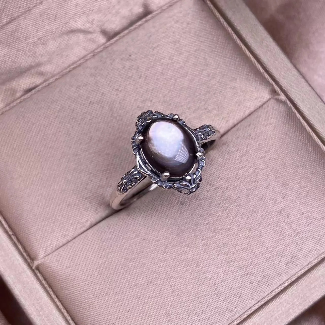 925 Sterling Silver Fashion Healing Crystal Gemstone Vintage Jewelry Natural Black Conch Pearl Shell  Ring