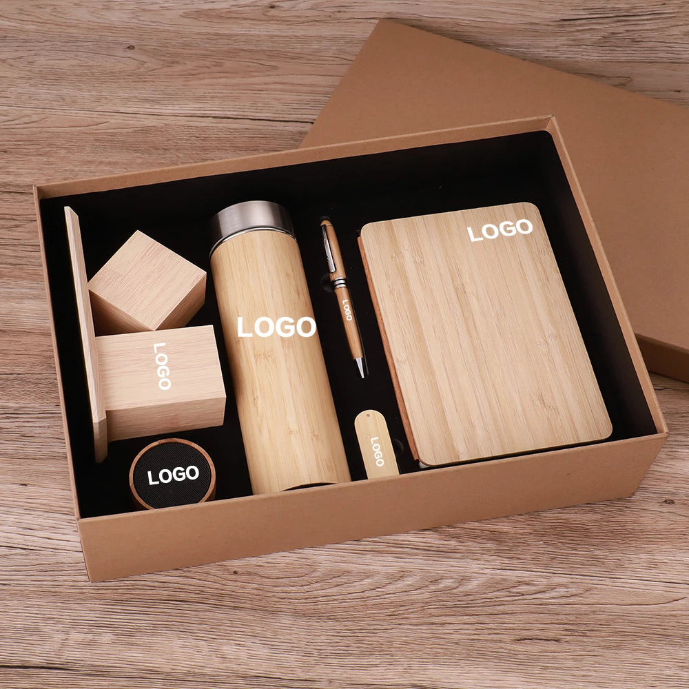 Custom A5 Size Hardcover Bamboo Speaker Notebook Card Pen Holder Metal U Disk Diverse Business Promotional Gift Set Paper Cover
