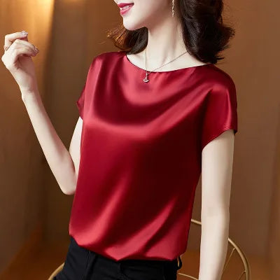 YiXin 4XL T Shirt Women Plain Color Elastic Satin Short Sleeve O Neck Women Tee Shirt Casual Summer Woman T Shirt