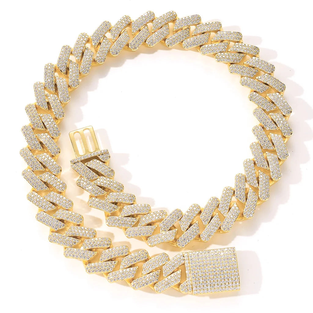 Stocks 20mm Gold Plated Brass Pave Setting With Cubic Zircon Stone Miami Cuban Link Chain Necklace