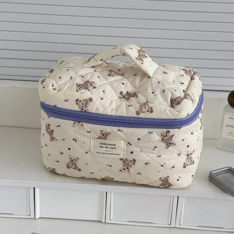 Cartoon Bear Women's Cosmetic Bags Large Capacity College Girls Wash Storage Bag Quilted Cotton Travel Female Purse Handbags