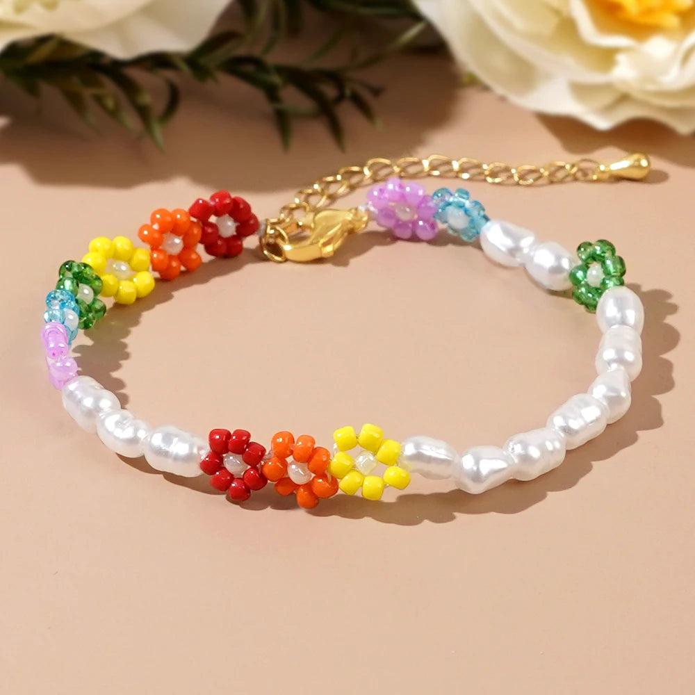 Go2boho Summer Beach Fashion Jewelry Trendy Rainbow Flower Design Boho Cute Imitation Pearl Beads Bracelets Party Gift Unisex
