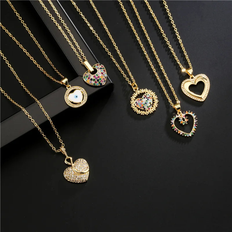Hot Sell Multi Color Zircon Heart Necklace Jewelry Necklace 18K Gold Plated Necklace for Women