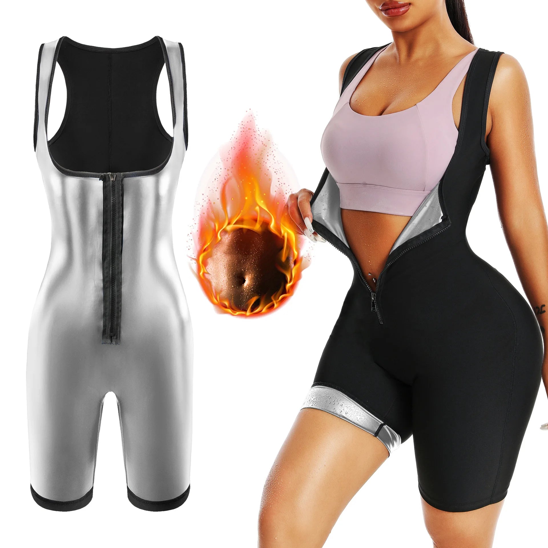 Women Waist Trainer Sauna Zipper Vest Jumpsuit Weight Loss Slimming Sweat Shaper Fitness Corset