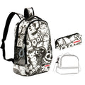 FSY Lightweight Rap-Rock Black White Graffiti Style Backpack Set Pvc Leather Student School Book Bags Backpacks 3 Pieces