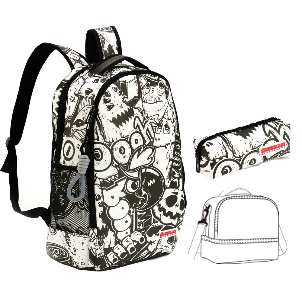 FSY Lightweight Rap-Rock Black White Graffiti Style Backpack Set Pvc Leather Student School Book Bags Backpacks 3 Pieces