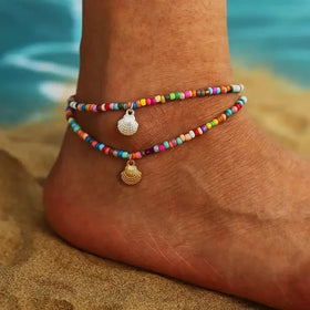 Fashion Jewelry Beach Anklets Wholesale Metal Shell Pendant Colorful Beaded Anklet for Women Girls