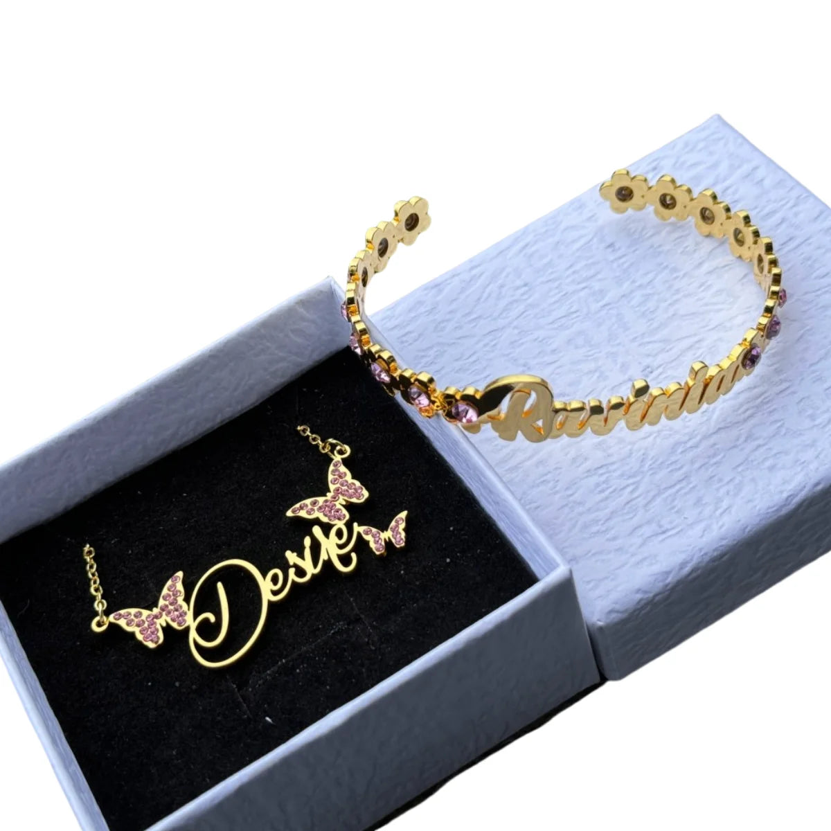 QIUHAN Flower Birthstone Cuff Bangles Butterfly Nameplate Necklace Jewelry Custom Name Set