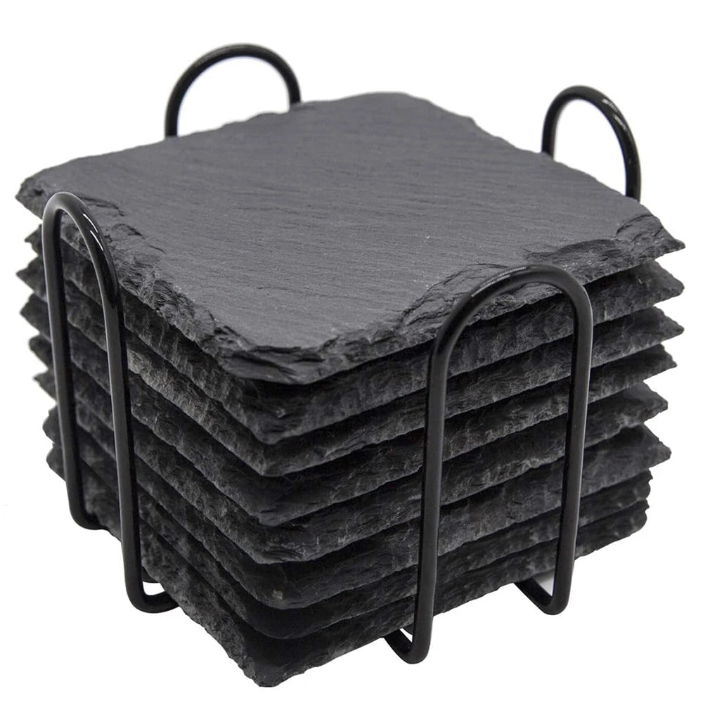 Spain Stock 8pcs Black Slate Drink Coasters 4in Square UV Ink Anti-Scratch Bottom Holder for Bar Kitchen New Condition