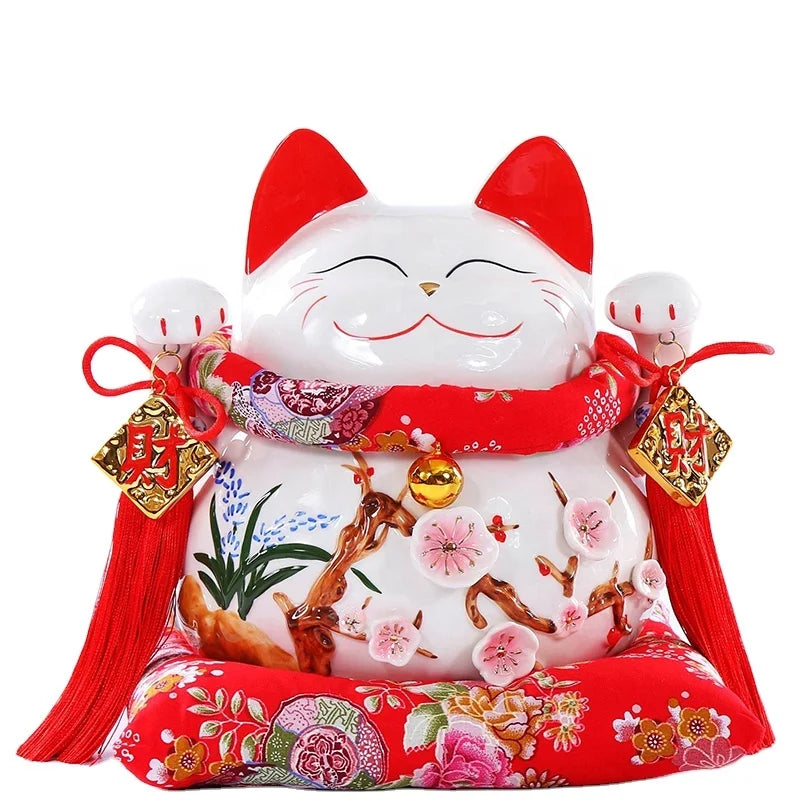 10 Inches Japanese Piggy Bank Coin Big Fat Craft Gift Porcelain Good Fortune Ceramic Lucky Cat White pink Figurine Maneki Neko