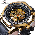 Forsining Men Waterproof Golden Black Skeleton Clock Two Button Decoration Mechanical Wrist Watches Black Genuine Leather Clock