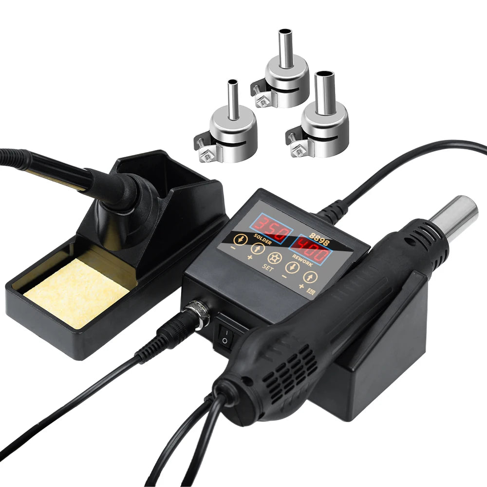 8898 2-in-1 Multi-functional SMD Rework Soldering Station with 60W Soldering Iron and 600W Heat Gun for Repairing
