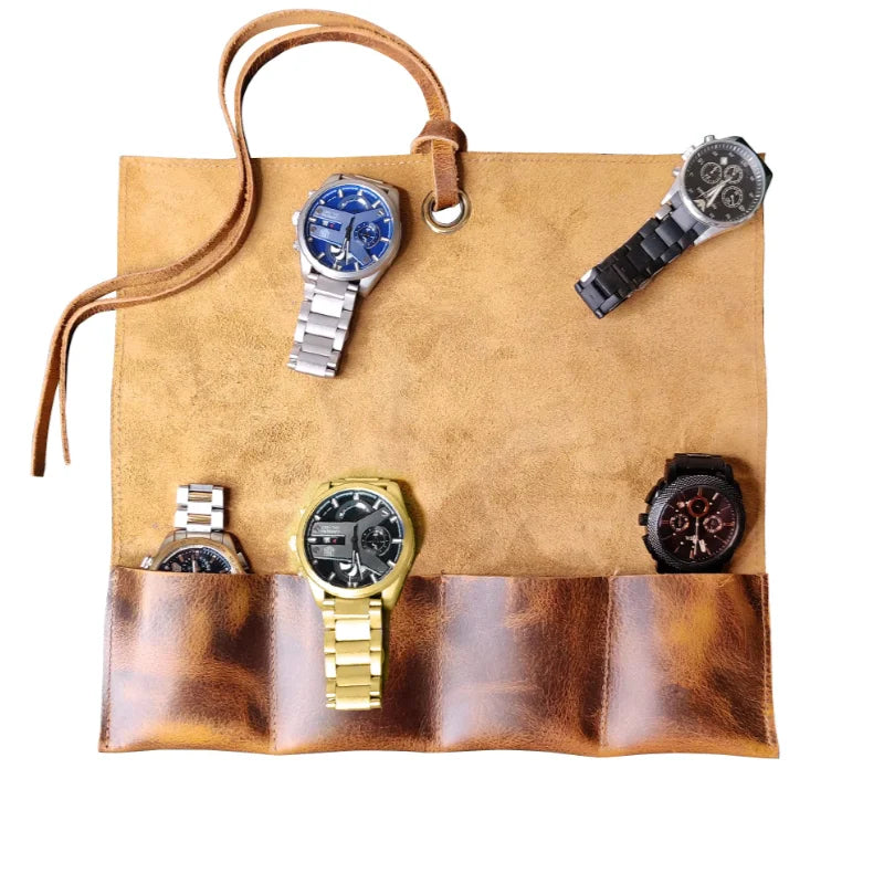 4 Slots Top-Grain Leather Watch Display Organizer Handmade Watch Pouch Storage Bag Jewelry Roll-up Organizer