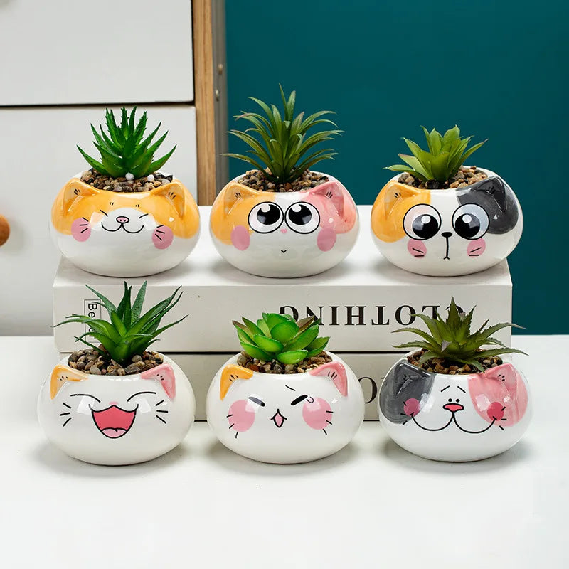 Wholesale Round Mini Desktop Ornament Cat Shape Flower Pots Ceramic Succulent Plant Planters Pot for Room Decor