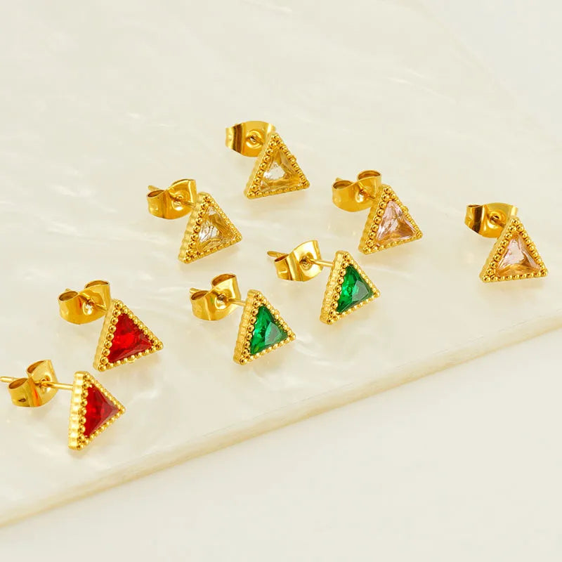 Minimalist 18K Gold Titanium Steel Earrings Tarnish Free Triangular Charms Stainless Steel Zircon Stud Earrings for Women