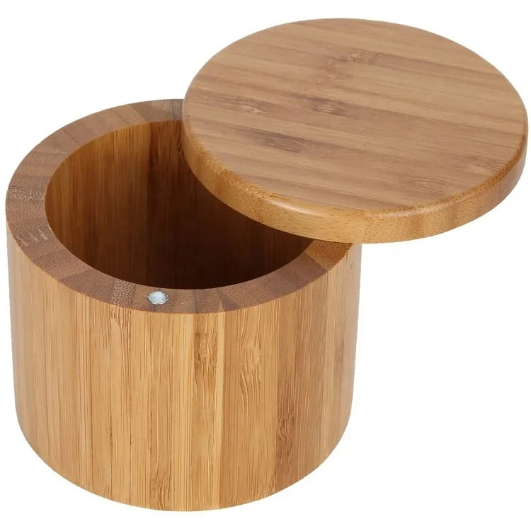 Wholesale Custom Logo Wooden Bamboo Round Jar With Swivel Lid Spices Storage Container Bamboo Salt Box