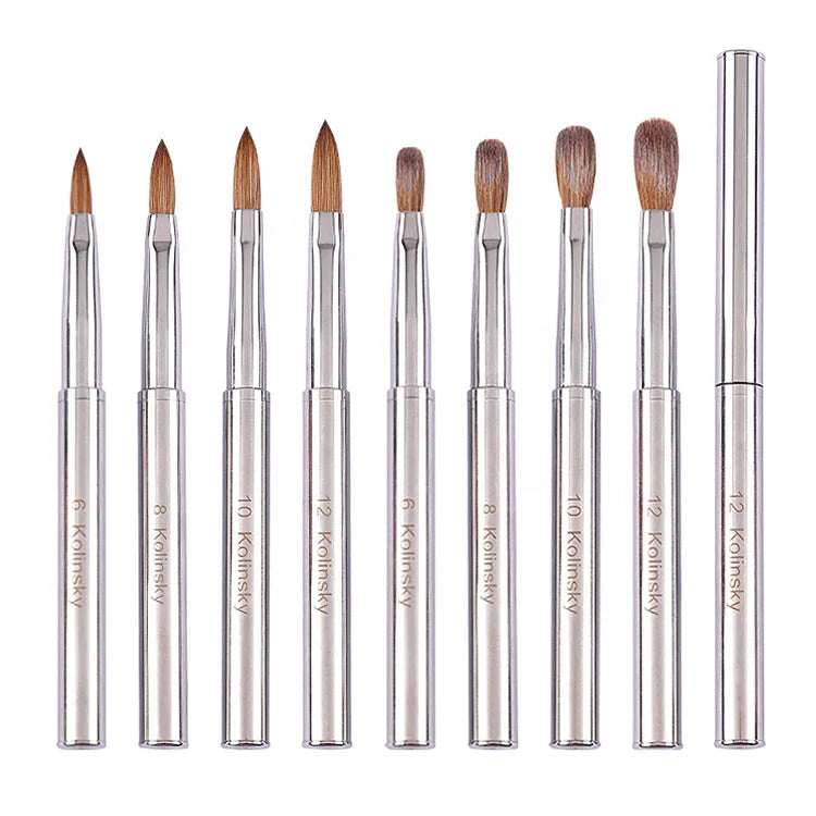 Silver Metal Handle Featuring Pure Kolinsky Hair Material Professional Acrylic Nail Art Brushes with Cover