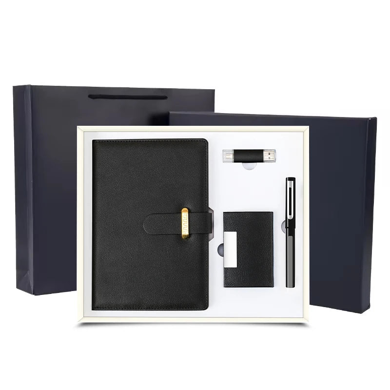 Top Seller Custom logo A5 Plain Notebook+metal Pen+name Card Holder+USB Flash Drive Business Stationary Gift Sets
