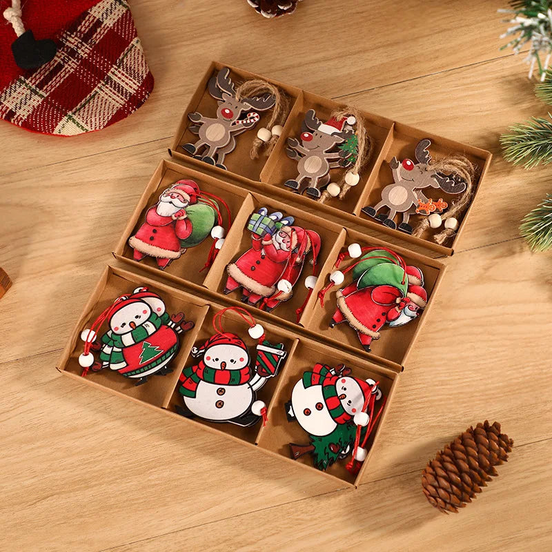 Wooden Christmas Tree Hanging Decorations Set Cartoon Old Man Snow Elk Laser Cut Wood Christmas Window Ornament