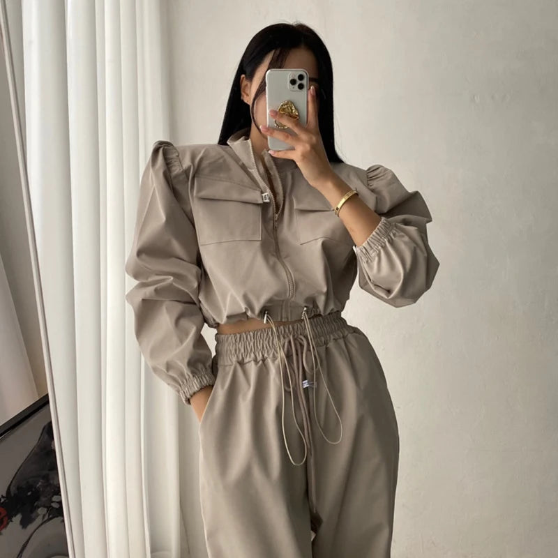 Wholesale 2026 Spring Temperament Standing Neck Drawcord Waist Long Sleeve Coat High Waist Loose Casual Pants Women's Suit