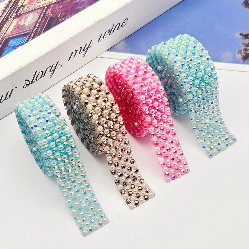 Wholesale FlatbackResin AB Half Pearls Trim Strip Motif Techniques Applique Hotfix Iron Clothes Accessories Rhinestones Sheet