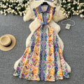LW0779 Vintage Print Small Flying Sleeve Lapel Waist Slimming Elegant Dress Printed Dresses Women Lady Elegant