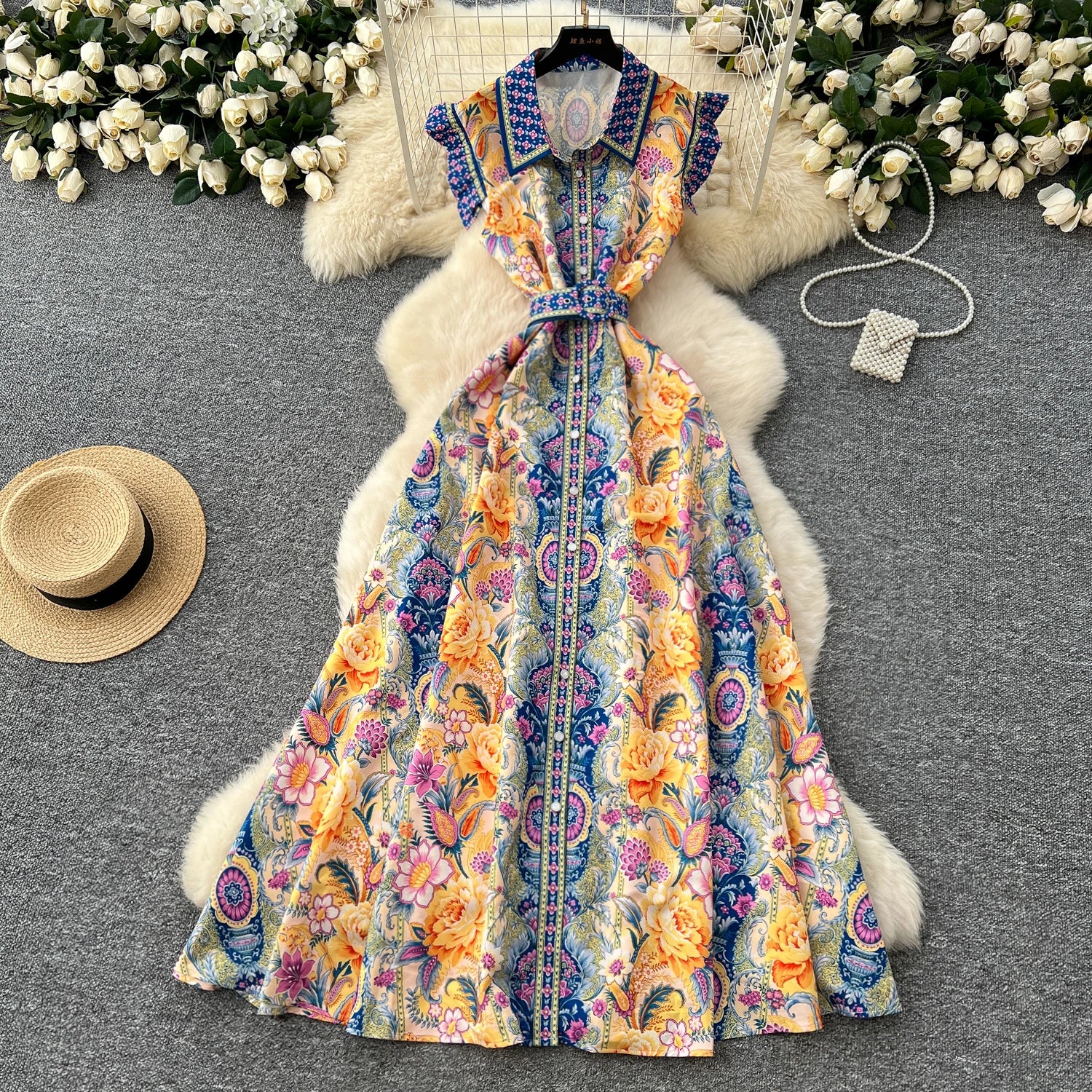 LW0779 Vintage Print Small Flying Sleeve Lapel Waist Slimming Elegant Dress Printed Dresses Women Lady Elegant