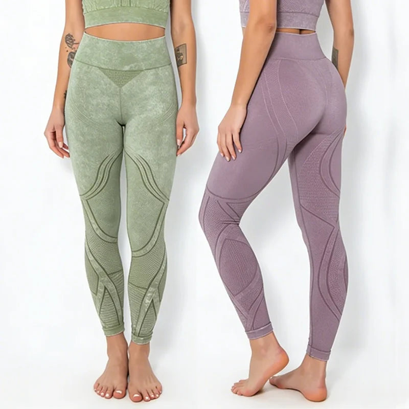 Women's Washed High Waist Yoga Leggings with 3D Textured Butt Lifting Seamless Stretchy Workout Acid-Washed Athletic Pants