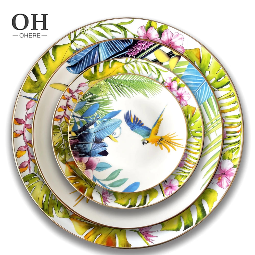 Premium Eco-Friendly CE Certified Customized Colorful Bird Leaf Tropical Rainforest 4-Piece Dinnerware for Wedding&Event&Parties