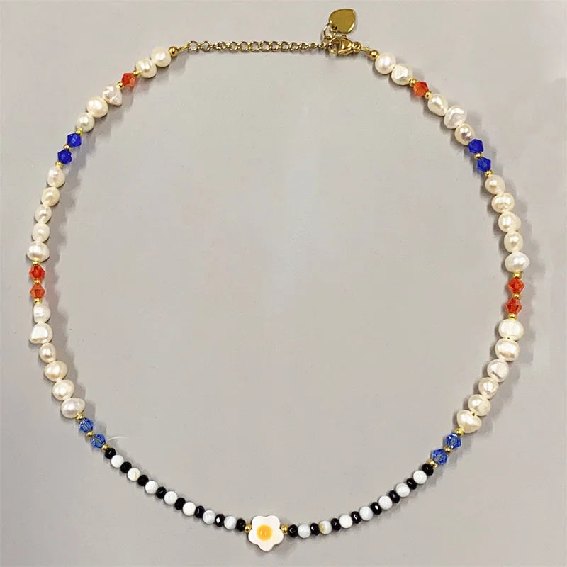 Women's Waterproof Stainless Steel Freshwater Pearl Beaded Necklace Floral Design Flower Necklace