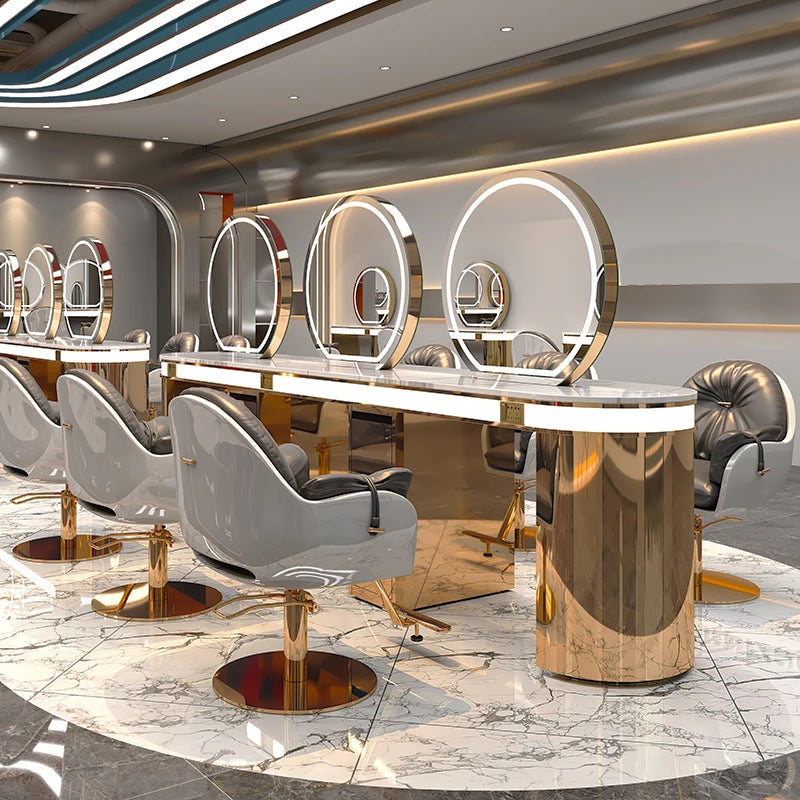 Luxury Gold 3 Seater Double Side Hair Salon Mirrors Station Barber Shop Mirrors With Led Lights
