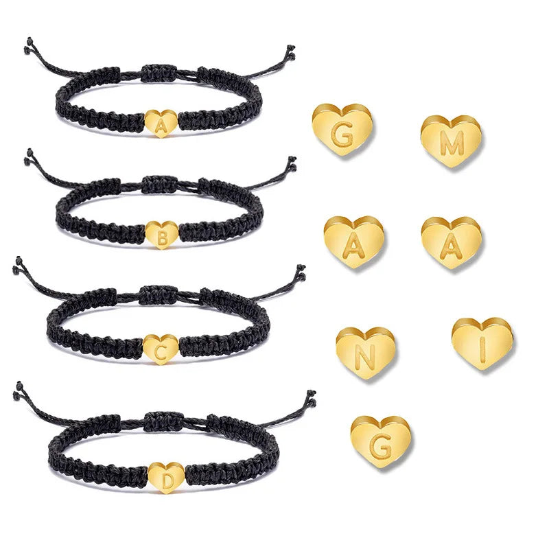 Handmade A-Z 26 Letter Heart Bracelet Woven Braided Rope Women Men Initials Name Couple Bracelets