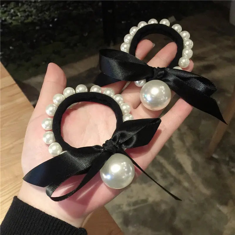 Bowknot Pearl Elastic Hair Bands Women Black Bow Ties Hair Scrunch Elegant Ponytail Holder Bow Lace Hairband Cinta Para El Pelo