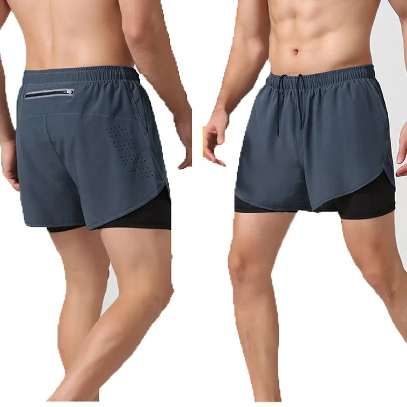 2 in 1 Gym Wear Cross Fit Shorts Mens Track Workout Short Running Sports Shorts with Inner Phone Pocket Compression Gym Shorts