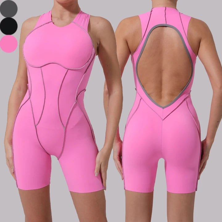 New Fashion Spelling Line Womens Fitted Hollow Out Tummy Control Sportswear Gym One Piece Yoga Jumpsuit