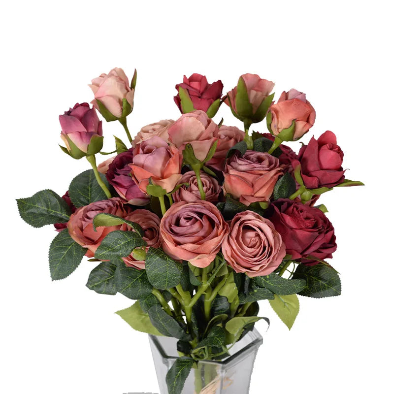 DREA European Decorative Artificial Flowers Vintage Style Red pink Purple Rose Flowers 3 Heads for Wedding Decor