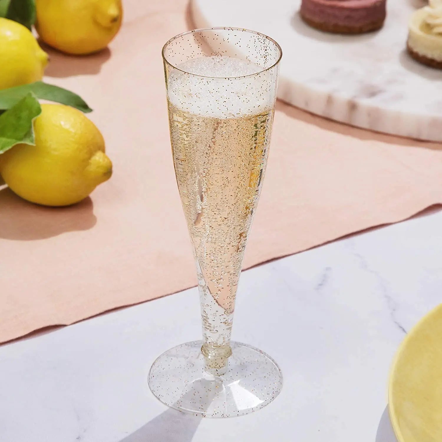 4.5Oz Disposable Plastic Champagne Flutes Mimosa Glasses Gold Glitter Plastic Champagne Glasses for Party Weddings Holidays Even
