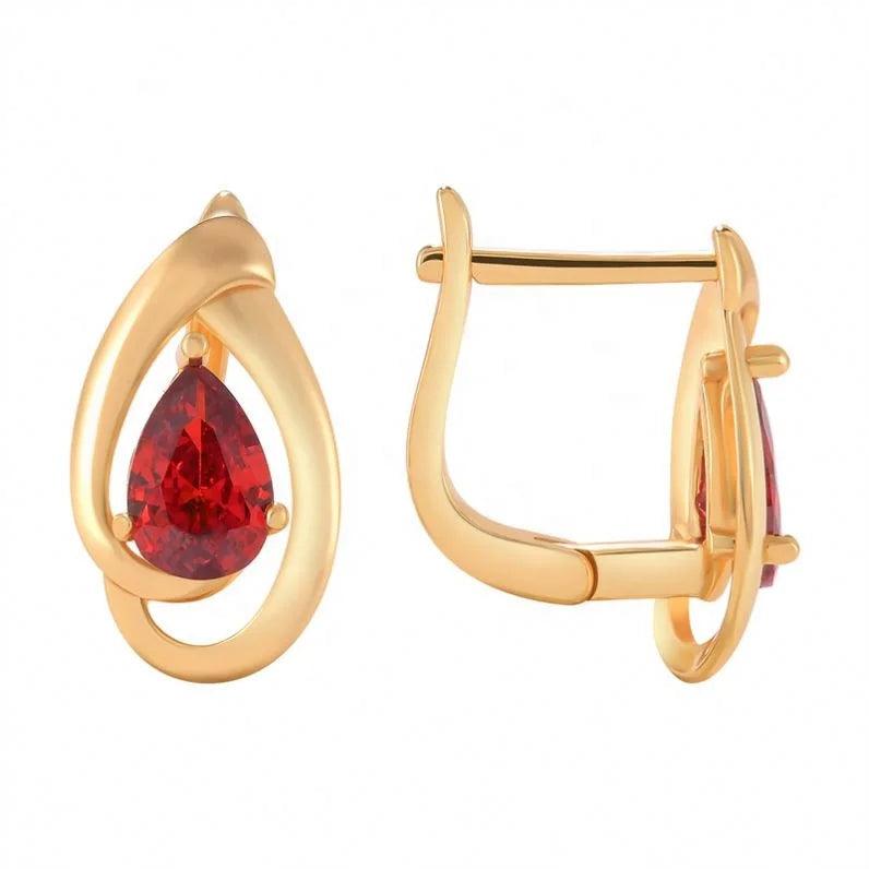 925 Silver Water Drop Garnet Red Diamond Zircon champagne Gold Plated Ear Buckle Hoop Earrings Women