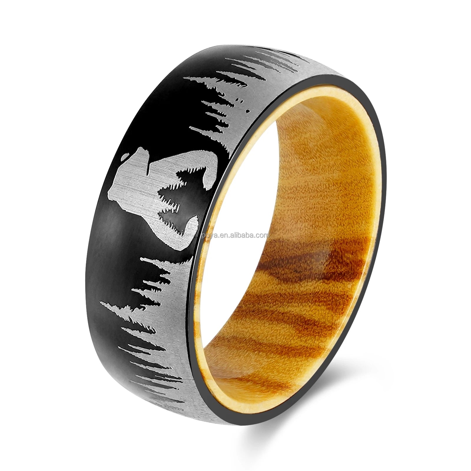 POYA 8mm Oliver Wood Liner Black Stainless Steel Ring With Pincer and Forest Laser Pattern