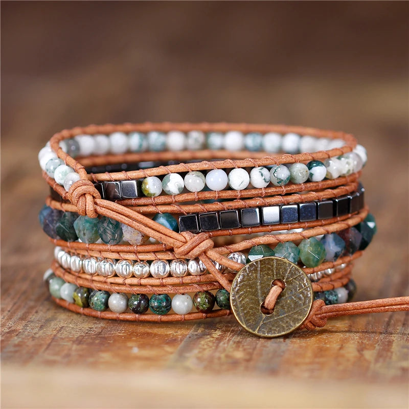 YueTong Beaded Wrap Bracelet Boho Natural Stone Leather Cord Weaving Statement Bracelet Yoga Jewellery Wholesale Dropshipping
