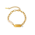 Hot Selling Adjustable Women Stainless Steel Chain with Pearl Link Bracelet Bangle with Zircon and Custom Tags Jewelry