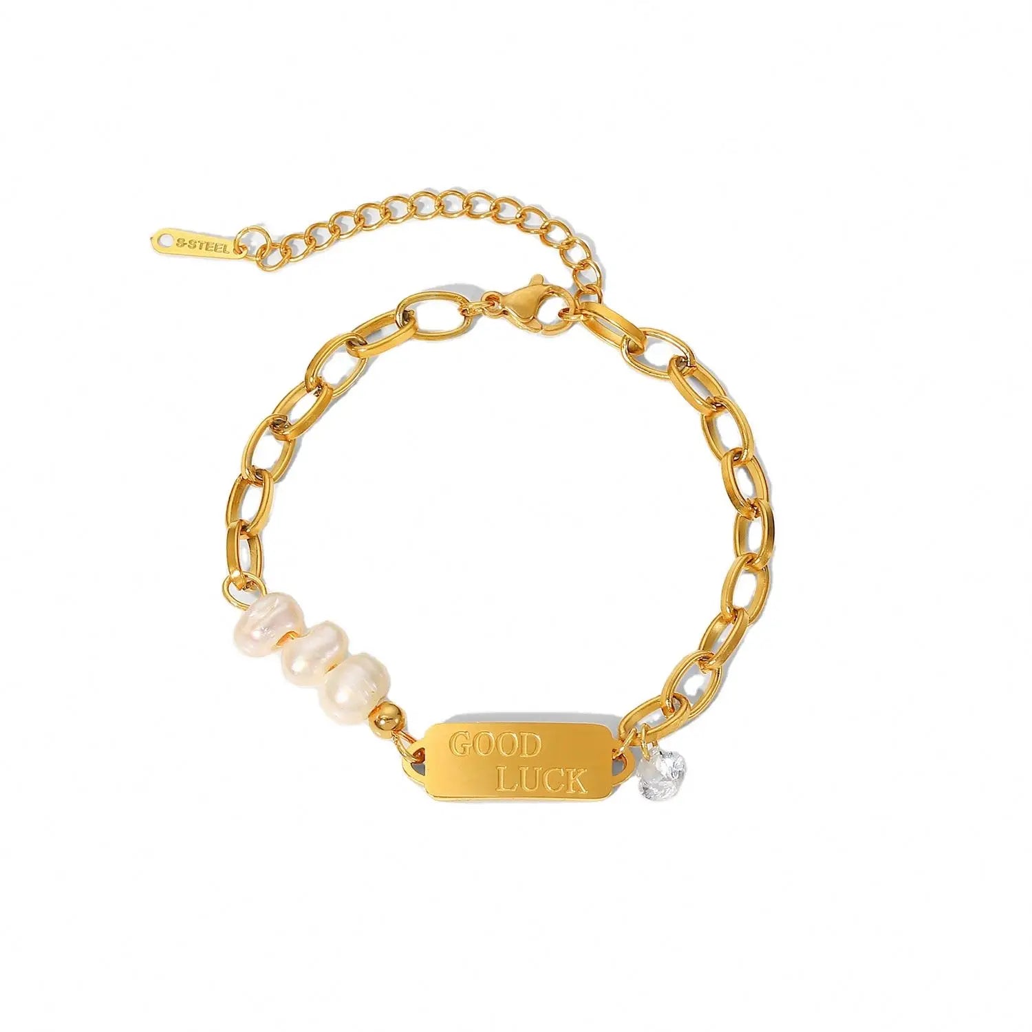 Hot Selling Adjustable Women Stainless Steel Chain with Pearl Link Bracelet Bangle with Zircon and Custom Tags Jewelry