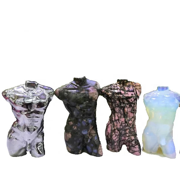 Wholesale Natural clear Quartz Man Body Crystal Carved Opal Rhodonite Terahertz Llanite Pyrite Rose Quartz Obsidian Model Body