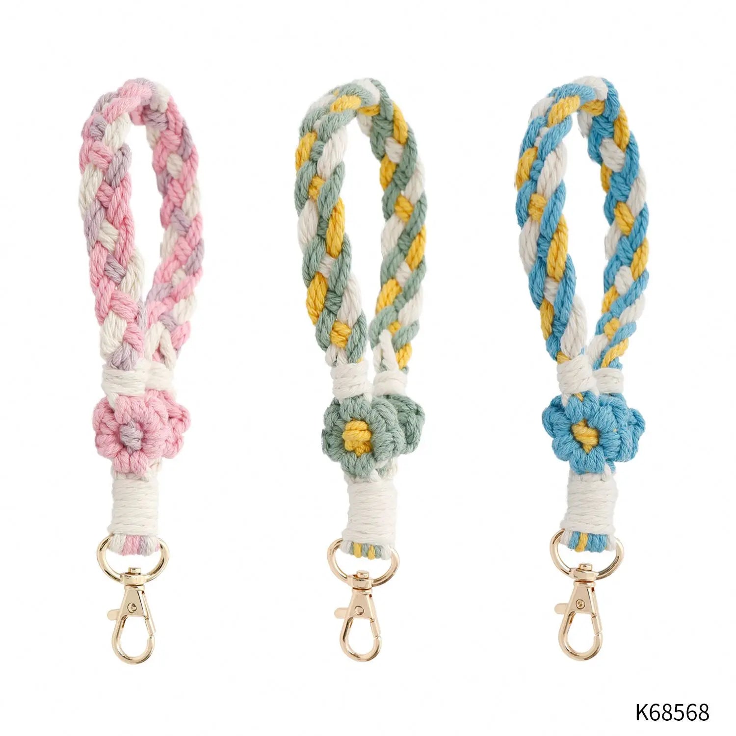 Boho Decor Macrame Handmade Woven Key Rings Holder Lanyard Bracelets Wristlet Wrist Strap Key Chains Cute Girls Flower KeyChain