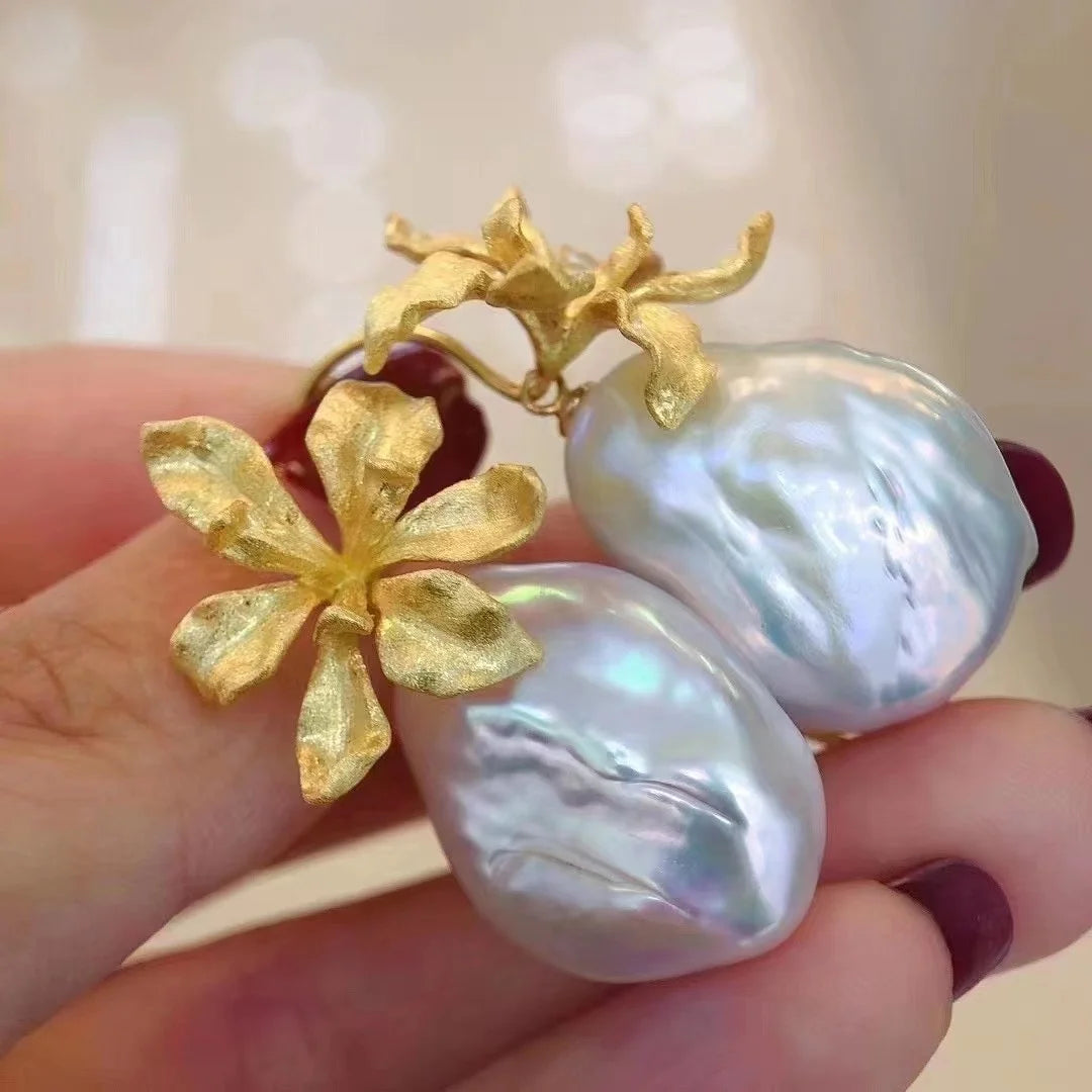 E1976 Baroque DIY Natural Freshwater Pearl Charm Earrings Mounting Accessory 925 Sterling Silver Gold Plated  Jewelry for Women