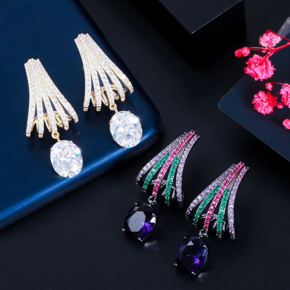 Unique Trendy Black Gun Plated Multicolor Cubic Zircon Chandelier Drop Earrings for Women Wedding Engagement Party Jewelry Gift